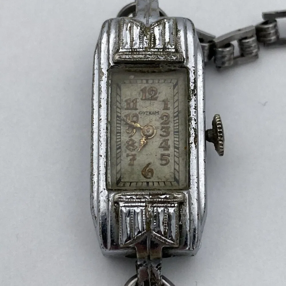 Art Deco Gotham Ladies Wrist Watch Chrome Plated & Kestenmade Permawear Bracelet